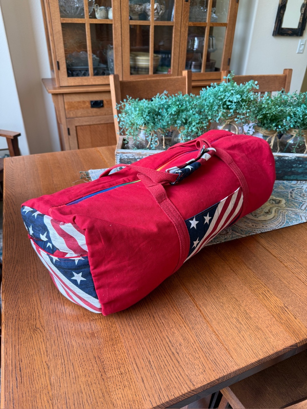 Patriotic Americana Duffle Bag Red Canvas Travel Gym Bag Stars Stripes Handmade